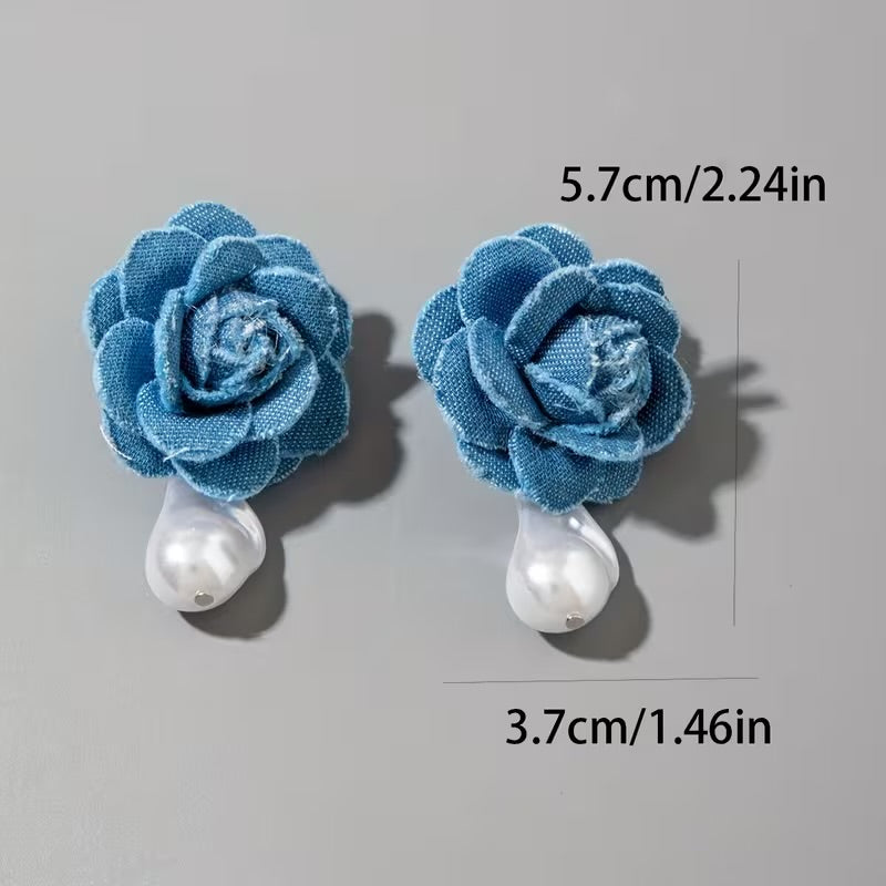 Flower Denim Earrings with Hanging pearl