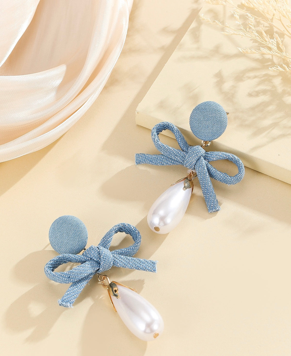 BowTie Denim Pearl Hanging Earrings