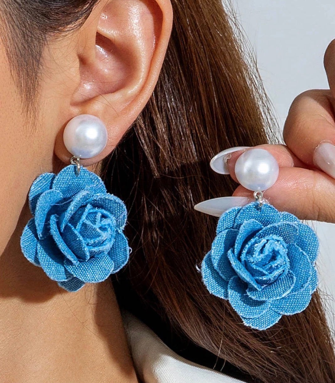 Pearl Hanging Denim Flower Earrings