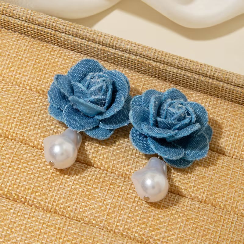 Flower Denim Earrings with Hanging pearl