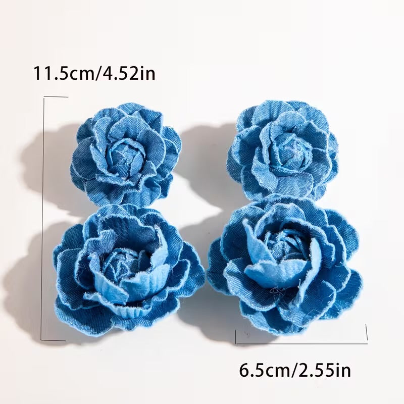 Double Denim Flower Hanging Earrings