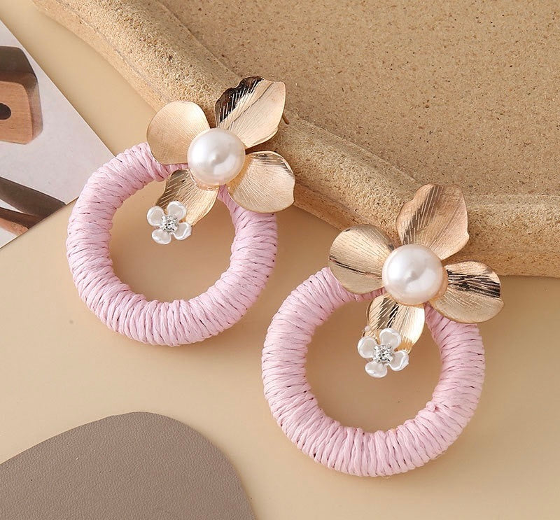 Raffia Hoop Earrings with metal flower