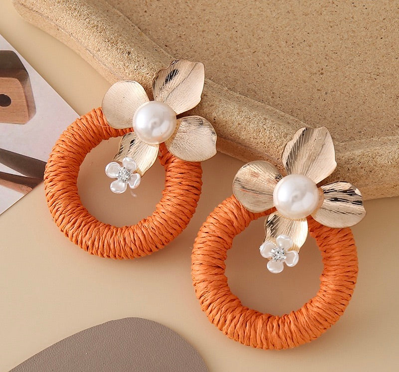 Raffia Hoop Earrings with metal flower