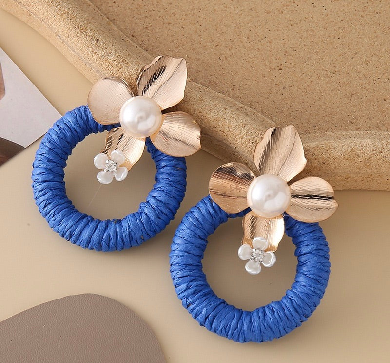 Raffia Hoop Earrings with metal flower