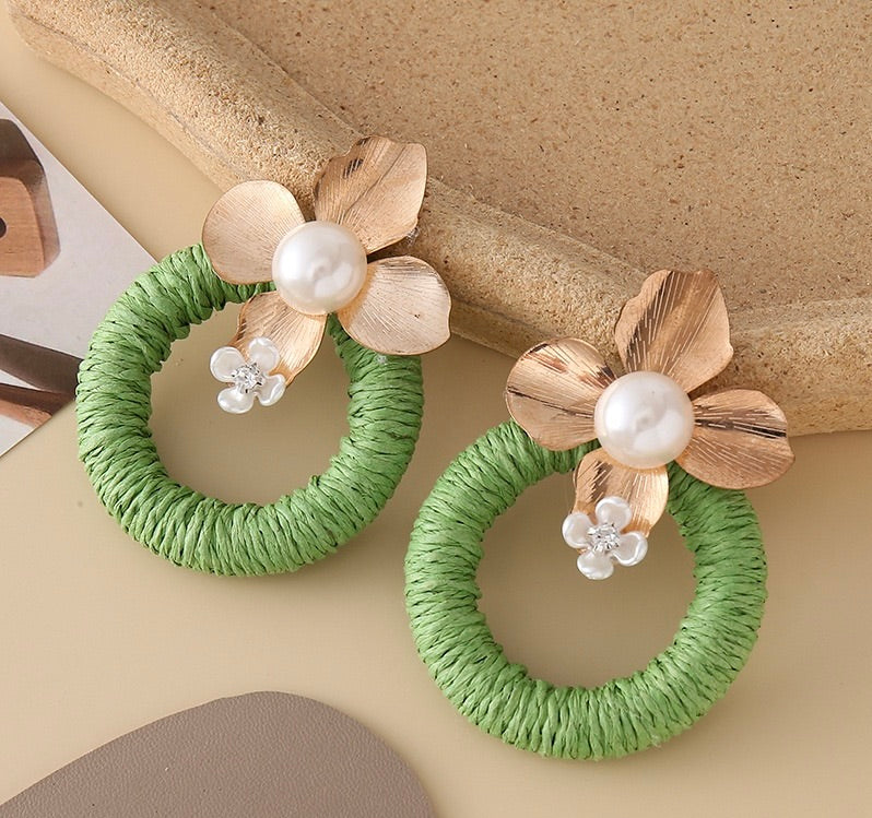 Raffia Hoop Earrings with metal flower