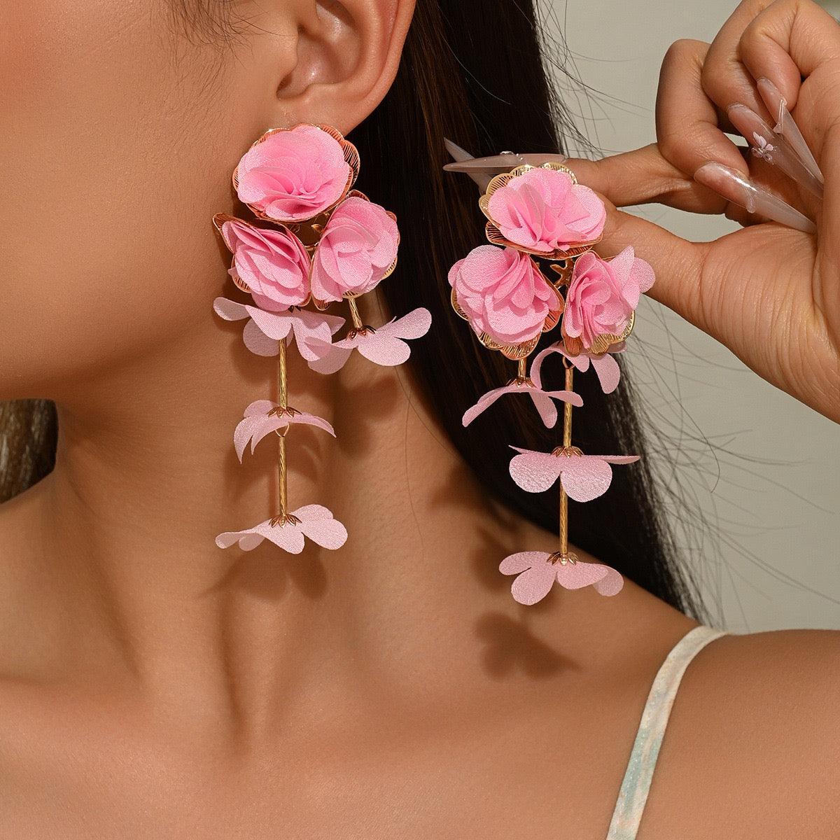 Long Floral Fabric Earrings