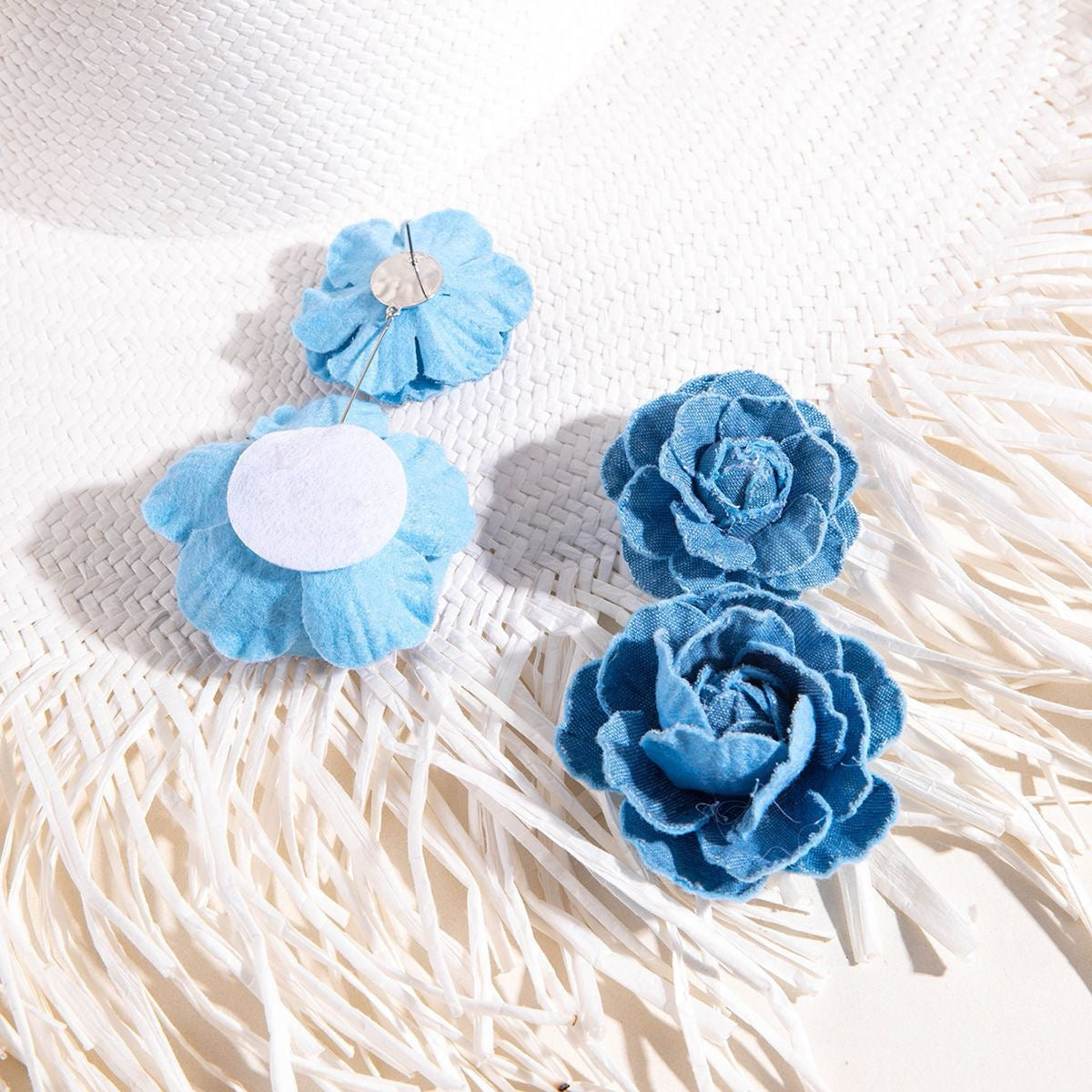 Double Denim Flower Hanging Earrings