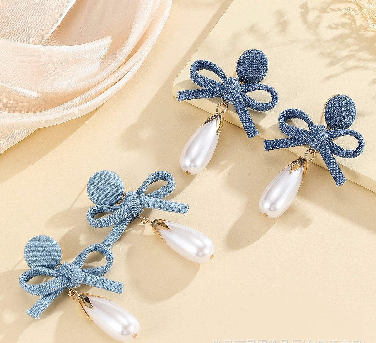 BowTie Denim Pearl Hanging Earrings