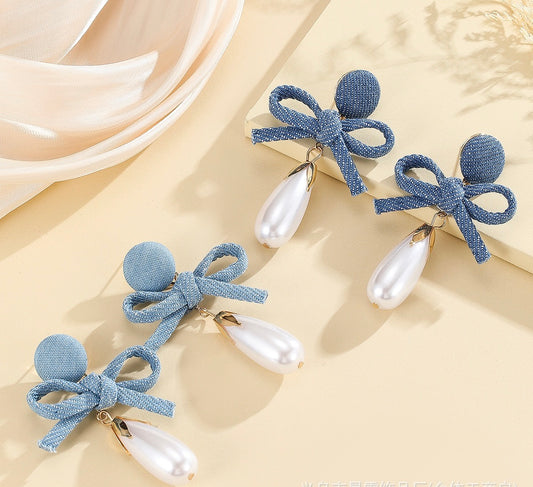 BowTie Denim Pearl Hanging Earrings