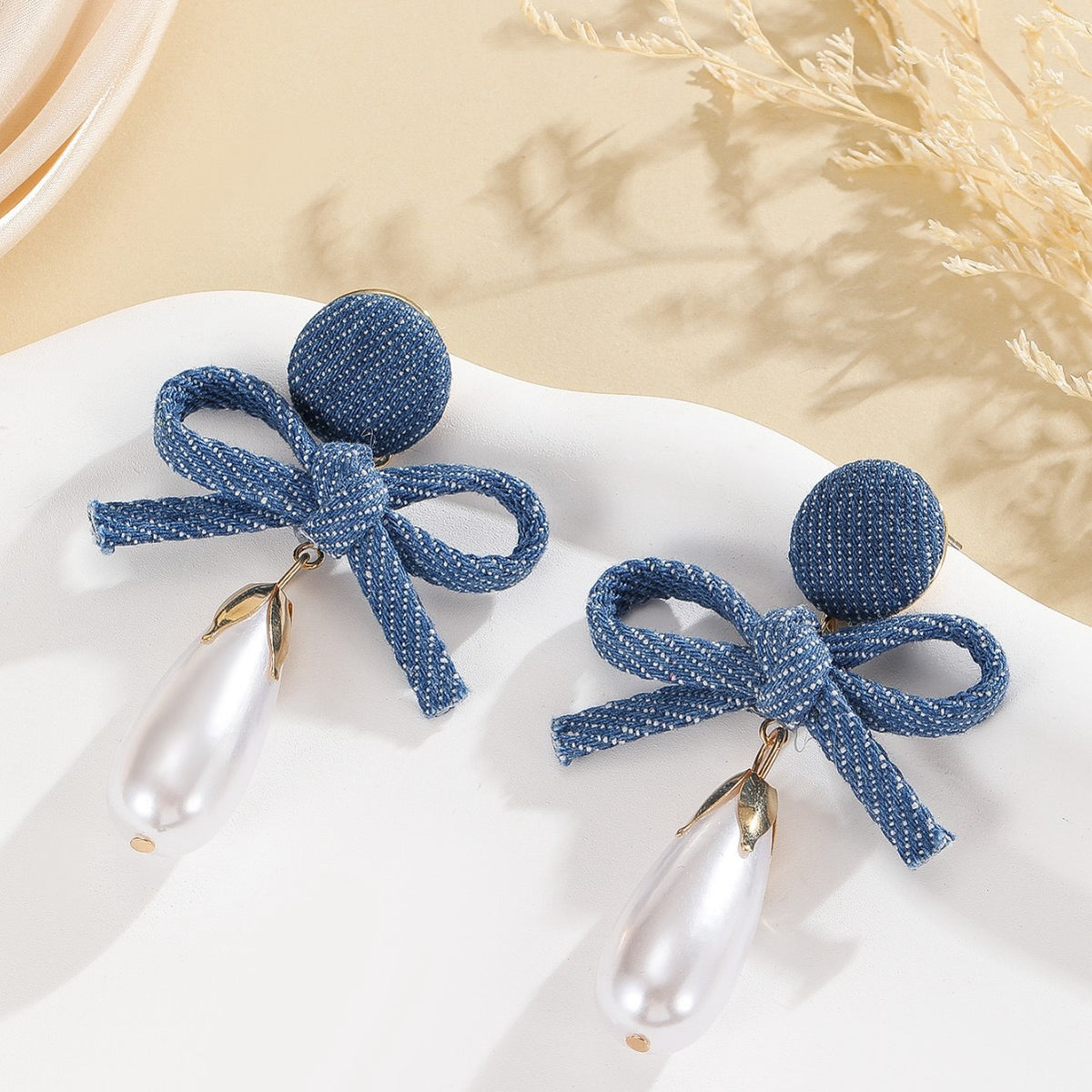 BowTie Denim Pearl Hanging Earrings