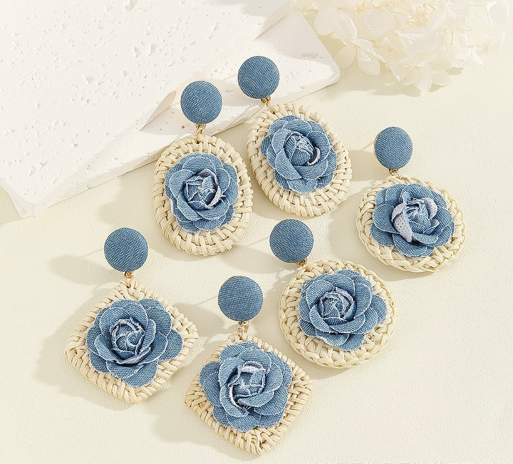 Bohemian Raffia Denim Hanging Earrings