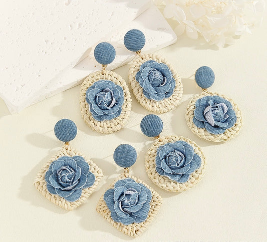 Bohemian Raffia Denim Hanging Earrings