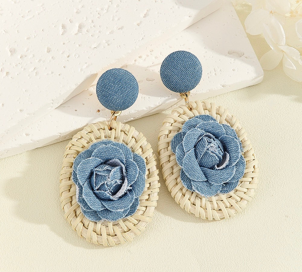 Bohemian Raffia Denim Hanging Earrings