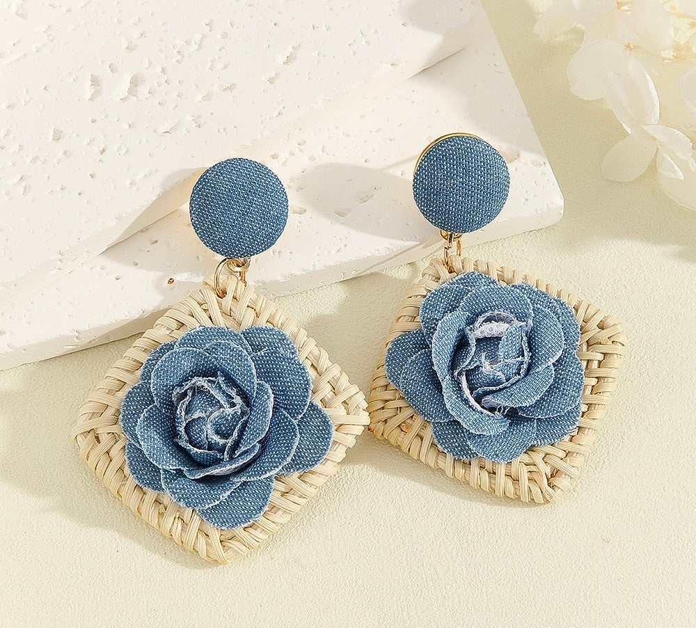 Bohemian Raffia Denim Hanging Earrings