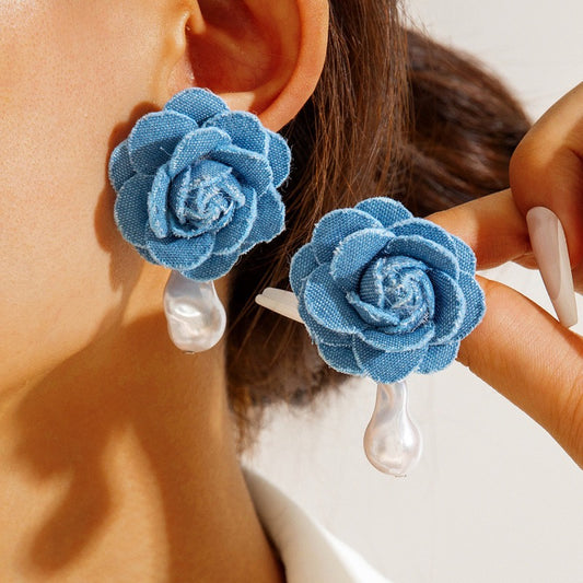 Flower Denim Earrings with Hanging pearl