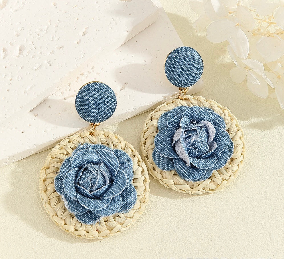 Bohemian Raffia Denim Hanging Earrings