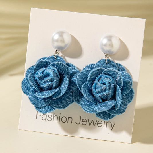 Pearl Hanging Denim Flower Earrings