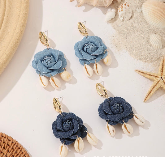 Denim Flower with hanging Seashells Earrings