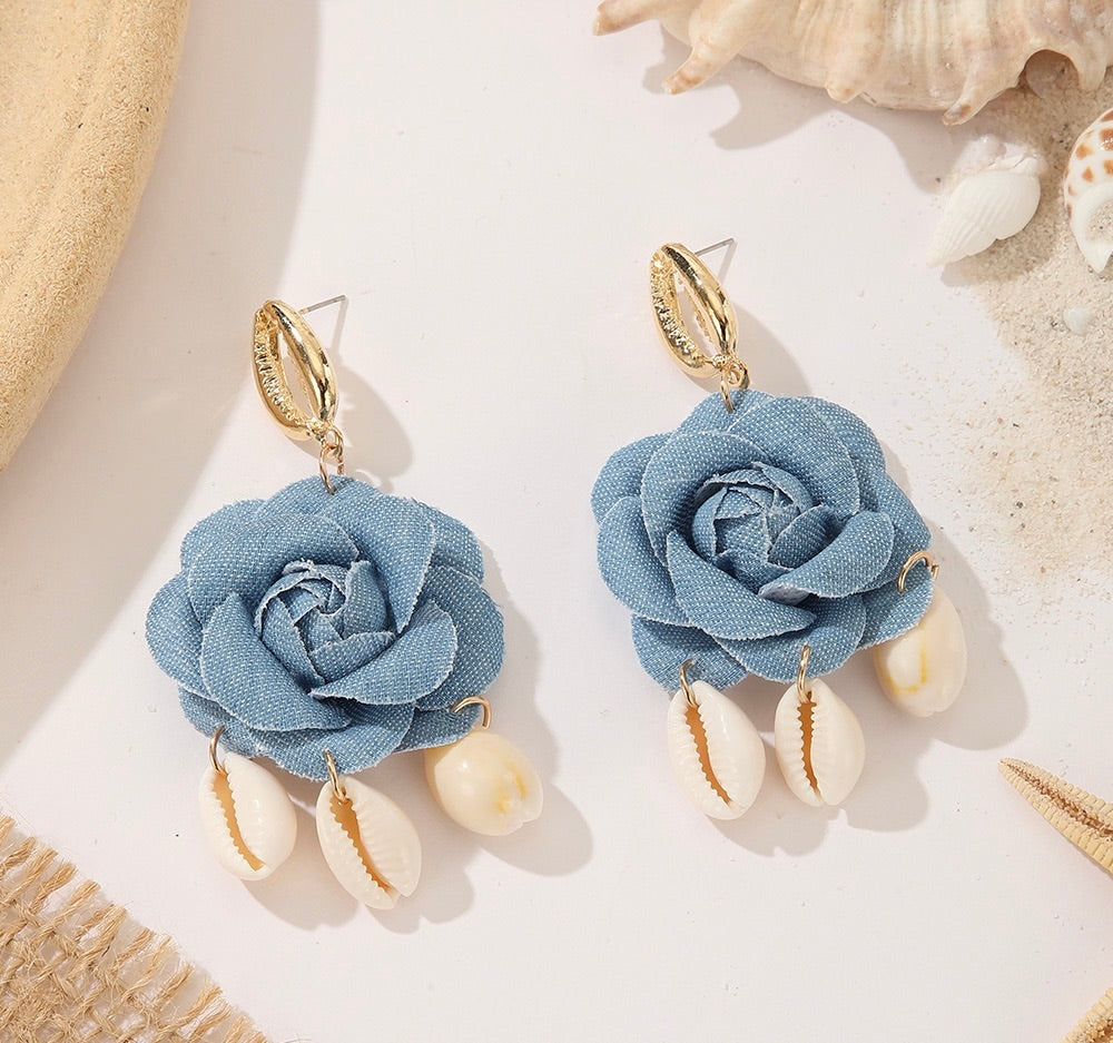 Denim Flower with hanging Seashells Earrings