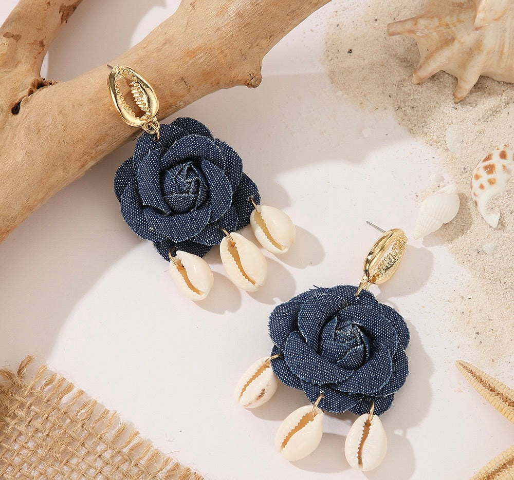 Denim Flower with hanging Seashells Earrings
