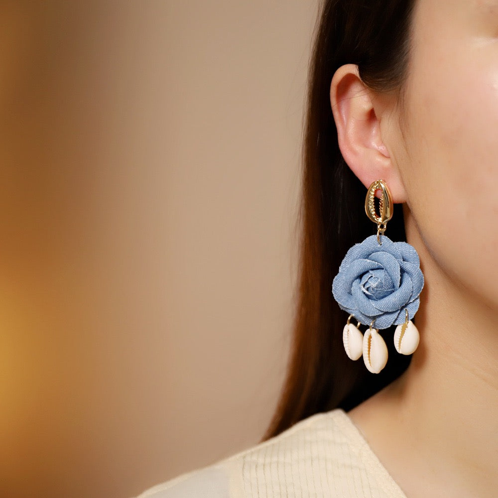 Denim Flower with hanging Seashells Earrings